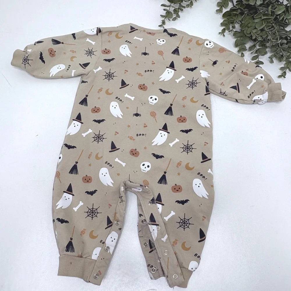 Quincy Mae Baby Bodysuit Tan Ghost Bat Bone Print Organic Cotton 6M